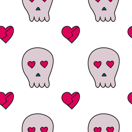 Seamless pattern with doodle valentine skulls and hearts.のイラスト素材