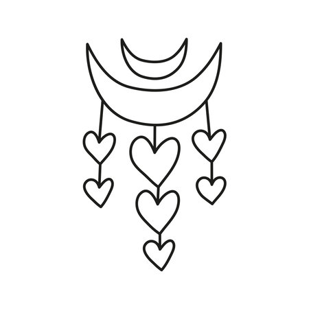 Doodle outline celestial moon with hearts isolated on white background.のイラスト素材