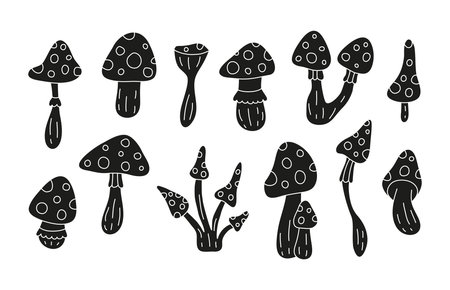 Set of cute doodle black Amanita fly agaric mushroom silhouettes.のイラスト素材