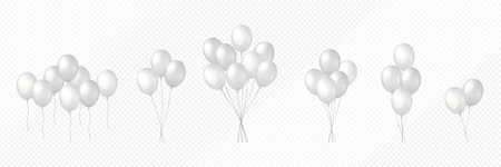 Bunches and groups of white helium balloons isolated on transparent background. Realistic uncolored balloons with glossy surface.のイラスト素材