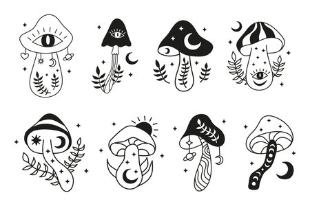 Esoteric boho mushrooms with third eye, moon leafy twigs and stars isolated on white background. Magical hand drawn fungus clipart. Celestial vector illustration.のイラスト素材