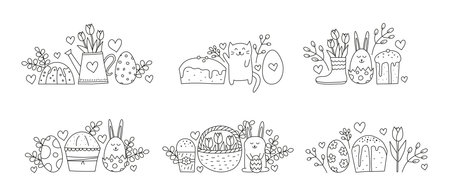 Set of compositions with doodle outline Easter icons isolated on white background. Cute bunny, kulich cake, egg, tulips, leafy branches, pussy willow, cat, hearts.のイラスト素材