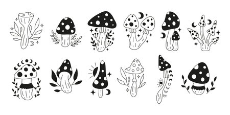 Set of black Amanita fly agaric mushrooms with moon, leafy twigs, third eye and stars isolated on white background. Magical boho hand drawn fungus clipart. Mystic vector illustration.のイラスト素材