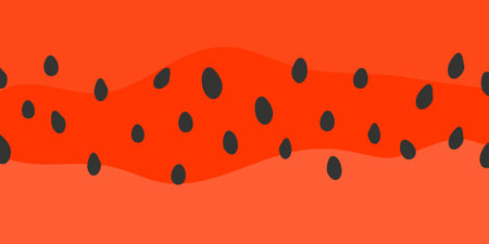 Cute watermelon pulp background with seeds in simple cartoon style. Colorful summer seasonal backdrop.のイラスト素材