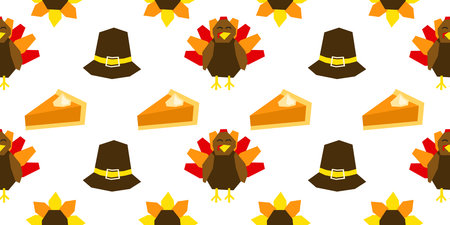 Seamless pattern with cute paper cut thanksgiving icons. Seasonal autumn background with turkey...