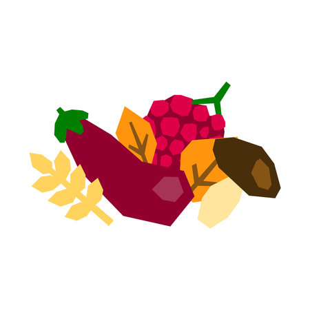 Paper cut autumn composition with eggplant, grape, mushroom and leaves isolated on white background.のイラスト素材