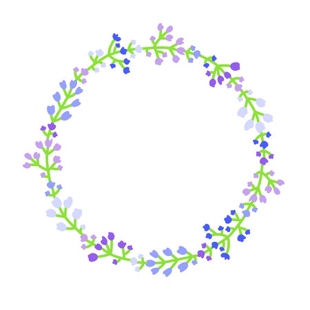Cute round wreath with petite meadow flowers in soft colors isolated on white background. Floral summer circle frame.のイラスト素材