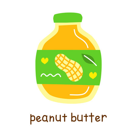 Hand drawn flat peanut butter in closed bottle isolated on white background. Vegan high protein.のイラスト素材