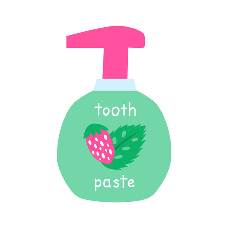 Hand drawn flat tooth paste in dispenser bottle with strawberry and mint isolated on white background. Hand written text.のイラスト素材