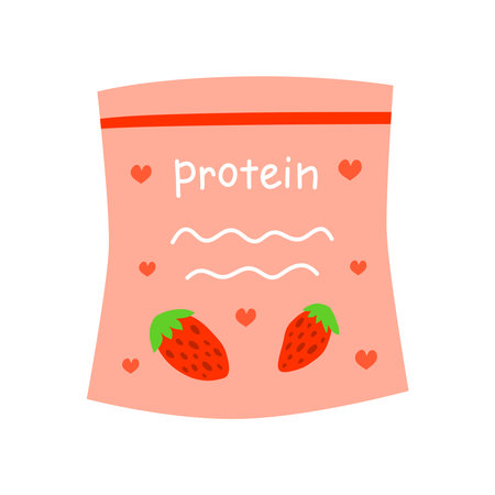 Flat whey protein supplement with strawberry flavor in packet isolated on white background. Healthy product for sportsman. Drinking protein powder icon.のイラスト素材
