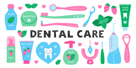Set of cute hand drawn flat dental care products and stomatology equipment isolated on white background. Oral hygiene and teeth, gums care. Bathroom accessories, toiletries.のイラスト素材