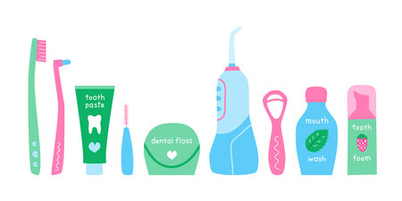 Set of cute hand drawn flat dental care products and stomatology equipment isolated on white background. Bathroom accessories, toiletries. Oral hygiene and teeth, gums care.のイラスト素材
