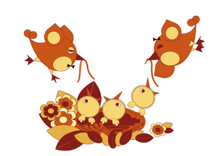  Birds feed their chicks in the nestのイラスト素材