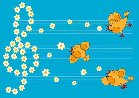 birds sing cheerful songs of spring. Music, flowers are formed in the treble clef.のイラスト素材