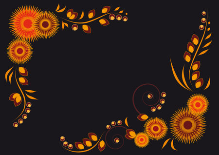bright red and yellow abstract flowers and leaves on a black backgroundのイラスト素材