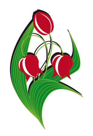 A bush of red tulips with leaves on white backgroundのイラスト素材