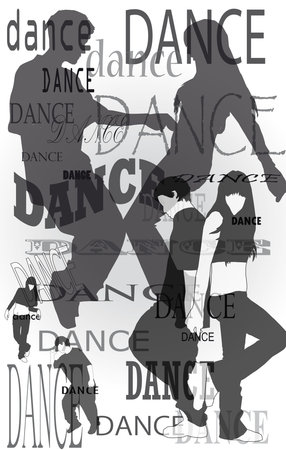 background with silhouettes of dancing couples and inscriptionsの写真素材