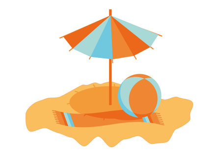 On a sandy beach umbrellas, towels and ballのイラスト素材