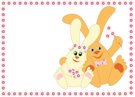 A couple of funny rabbits with flowers in a frame of flowersのイラスト素材