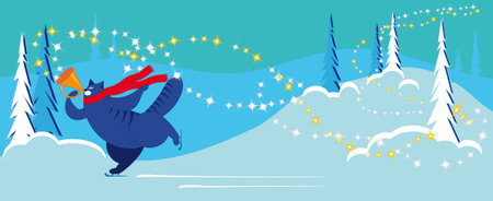 Cat goes ice skating in the winter woods and blows in a magical pipeのイラスト素材