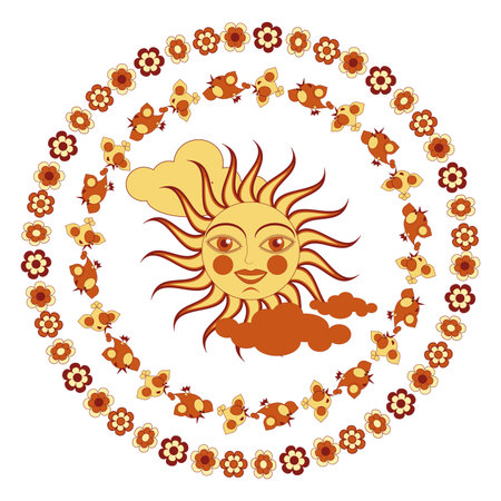 Birds and flowers dance in a circle around the sunのイラスト素材