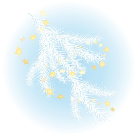 Snow-covered Christmas tree branch against a blue backgroundのイラスト素材
