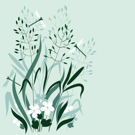wild grass and dragonflies in the blue-green colorsのイラスト素材