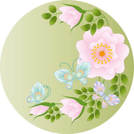 composition of wild rose pink flowers and butterfliesのイラスト素材
