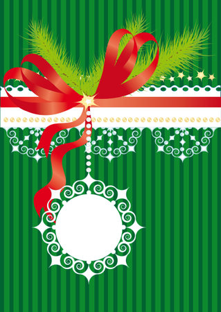 Green christmas background with bow, fir branches and snowflakesのイラスト素材