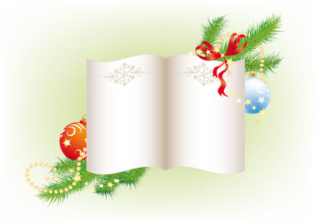 Christmas card with a piece of paper, twigs spruce, balls and garlandsのイラスト素材