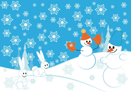 Blue christmas background with snowman and haresのイラスト素材