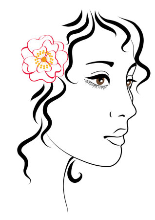 Young dark-haired woman with a flower in her hair. sketchのイラスト素材