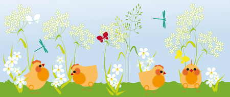 chickens walk in the grass among flowers and butterfliesのイラスト素材