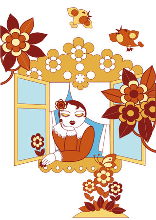 girl sitting by the window, listening to the birds singingのイラスト素材