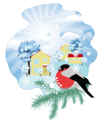 Winter rural landscape with bullfinch on spruce branchのイラスト素材