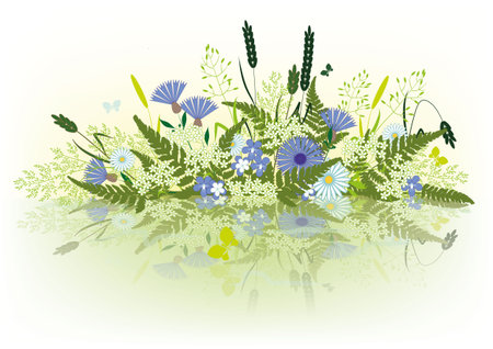 Meadow grass and flowers reflected in the waterのイラスト素材