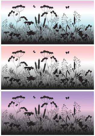 Meadow flowers, grass and butterfly at dawnのイラスト素材