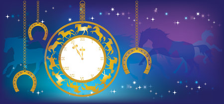 Blue Christmas background with a gold watch and horseshoes hanging on chains against the night sky and starsのイラスト素材