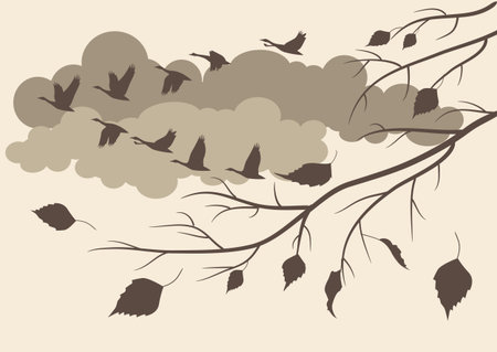 autumn landscape with the latest falling leaves and birds flying southのイラスト素材