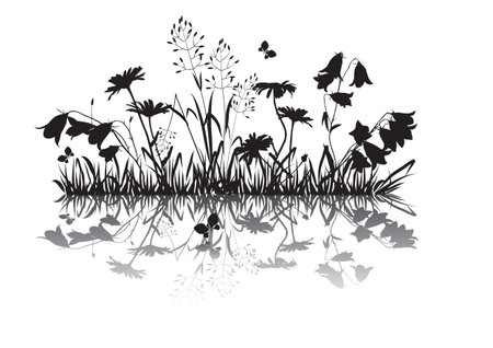 Silhouettes of the outfield grass and flowersのイラスト素材