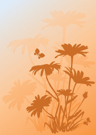 yellow-orange background with silhouettes of daisiesのイラスト素材