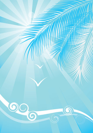 stylized bright summer background with ocean waves, palm trees and seagullsのイラスト素材