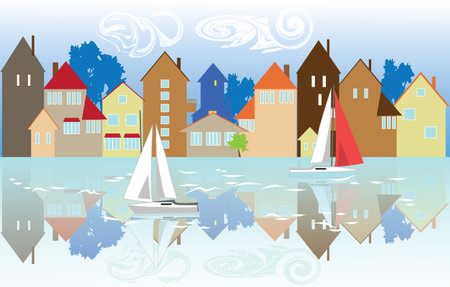 promenade of the seaside town, buildings reflected in the water, floating on water yachtのイラスト素材