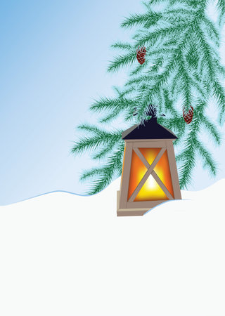 frosted spruce branches with cones and flashlightのイラスト素材