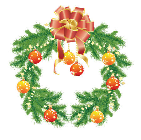 Christmas wreath of fir branches with balls and bowsのイラスト素材
