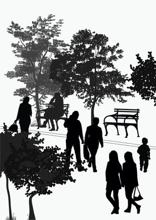 silhouettes of people walking in the park among the treesのイラスト素材