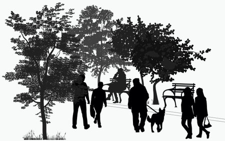 silhouettes of people walking in the park among the treesのイラスト素材