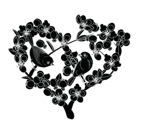 Birds on flowering branches. Black and white vignette in the shape of a heartのイラスト素材