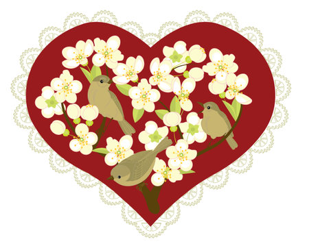 Birds on flowering branches. Vignette in the shape of a heartのイラスト素材