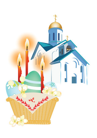 Orthodox church and a basket with Easter eggsのイラスト素材